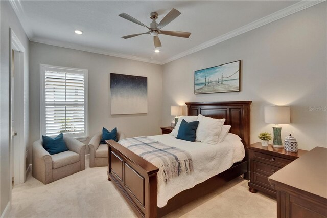 4795 Freccia Loop, Wesley Chapel, FL 33543 - bedroom with light colored carpet, recessed lighting, crown molding, and a ceiling fan