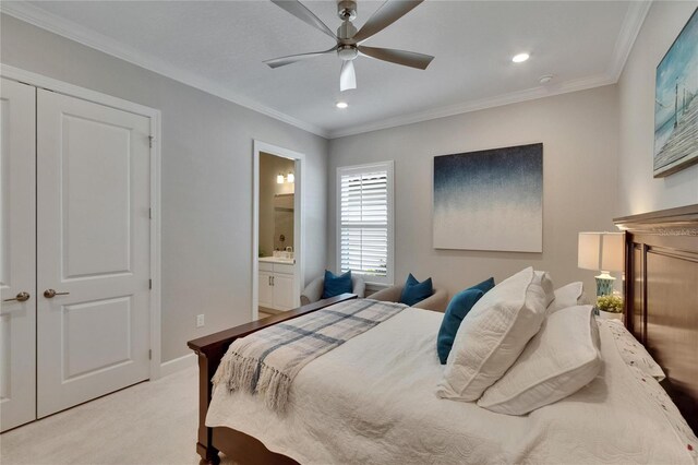 4795 Freccia Loop, Wesley Chapel, FL 33543 - bedroom with light carpet, ensuite bathroom, ornamental molding, recessed lighting, and a ceiling fan