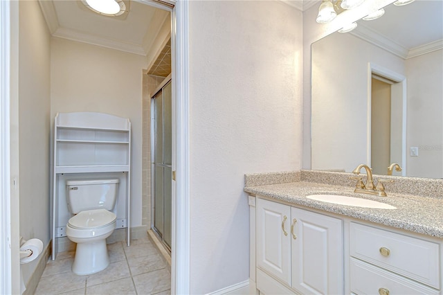 6550 Teak Ct, Zephyrhills, FL 33542 - bathroom featuring vanity, toilet, a shower stall, crown molding, and tile patterned flooring