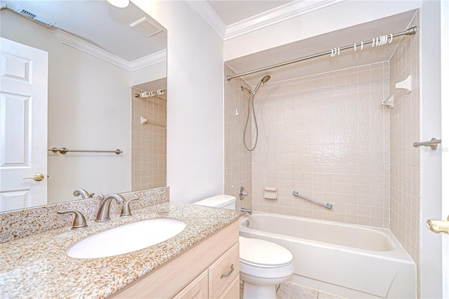 6550 Teak Ct, Zephyrhills, FL 33542 - bathroom featuring toilet, vanity, bathing tub / shower combination, and crown molding