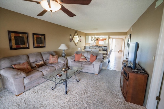 1846 Golfview Dr Unit 1846, Tarpon Springs, FL 34689 - living area with ceiling fan, a chandelier, light carpet, lofted ceiling, and light tile patterned floors