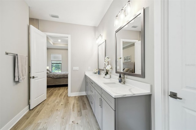 13334 Oldenburg Dr, Hudson, FL 34667 - full bathroom with connected bathroom, double vanity, wood finished floors, baseboards, and a tray ceiling