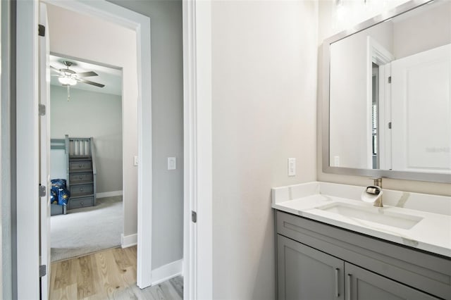 13334 Oldenburg Dr, Hudson, FL 34667 - bathroom with vanity, wood finished floors, ceiling fan, and baseboards