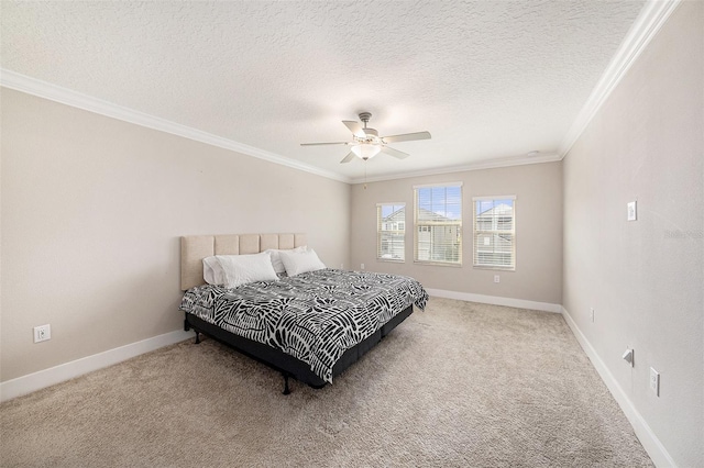 8719 Winning Fields Rd, New Port Richey, FL 34655 - carpeted bedroom featuring ornamental molding, a textured ceiling, a ceiling fan, and baseboards