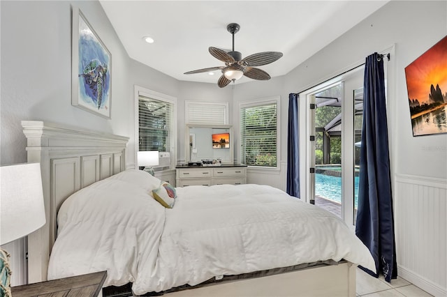 1817 Piccadilly Cir, Cape Coral, FL 33991 - bedroom featuring access to outside, a ceiling fan, light tile patterned floors, and recessed lighting