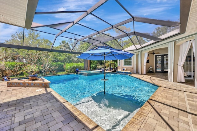 1817 Piccadilly Cir, Cape Coral, FL 33991 - view of swimming pool featuring french doors, a patio area, a pool with connected hot tub, ceiling fan, and glass enclosure