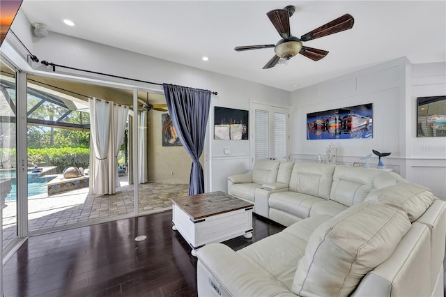 1817 Piccadilly Cir, Cape Coral, FL 33991 - living area featuring a ceiling fan, dark wood-type flooring, and recessed lighting