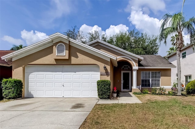 11641 Branch Mooring Dr, Tampa, FL 33635 - ranch-style home featuring stucco siding, a garage, concrete driveway, and a front lawn