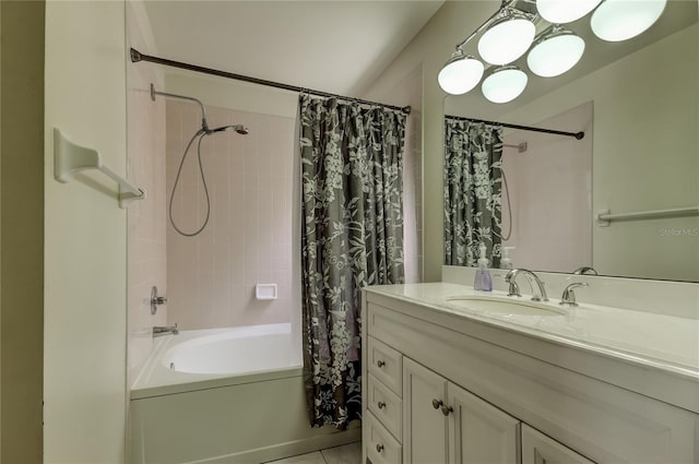 11641 Branch Mooring Dr, Tampa, FL 33635 - bathroom with shower / bathtub combination with curtain, vanity, and tile patterned flooring