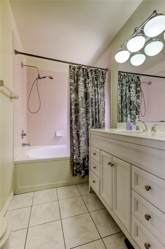 11641 Branch Mooring Dr, Tampa, FL 33635 - full bath featuring vanity, shower / bath combo with shower curtain, tile patterned flooring, and toilet