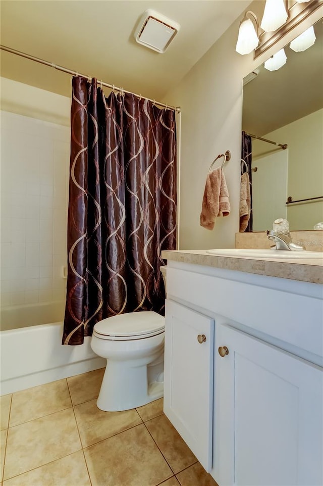 11641 Branch Mooring Dr, Tampa, FL 33635 - bathroom with vanity, toilet, tile patterned floors, and shower / bathtub combination with curtain