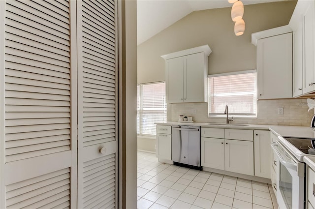 11641 Branch Mooring Dr, Tampa, FL 33635 - kitchen with stainless steel dishwasher, a sink, white electric range, light tile patterned floors, and light countertops