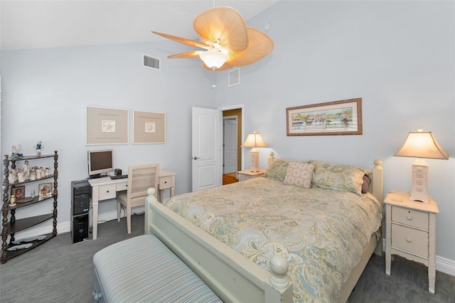 13303 Gulf Ln, Madeira Beach, FL 33708 - bedroom featuring carpet floors, high vaulted ceiling, baseboards, and a ceiling fan