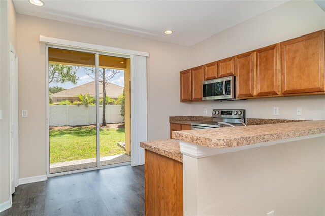 6920 Towering Spruce Dr, Riverview, FL 33578 - kitchen featuring stainless steel appliances, brown cabinets, dark wood-style flooring, a peninsula, and recessed lighting