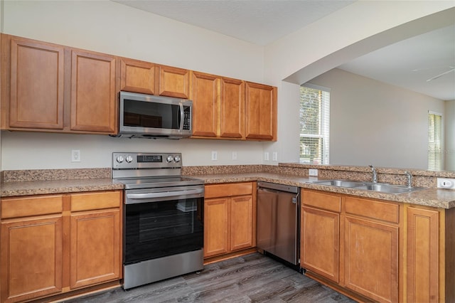 6920 Towering Spruce Dr, Riverview, FL 33578 - kitchen with appliances with stainless steel finishes, a sink, plenty of natural light, and dark wood-type flooring