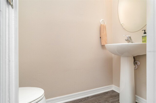 6920 Towering Spruce Dr, Riverview, FL 33578 - half bathroom featuring wood finished floors, toilet, baseboards, and a sink