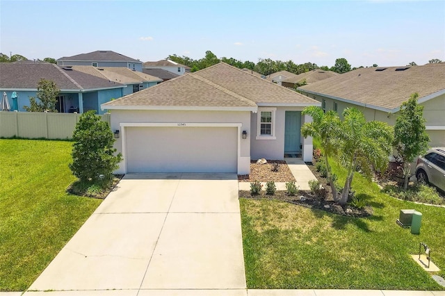 10945 High Noon Trl, Parrish, FL 34219 - ranch-style home with roof with shingles, an attached garage, stucco siding, and concrete driveway