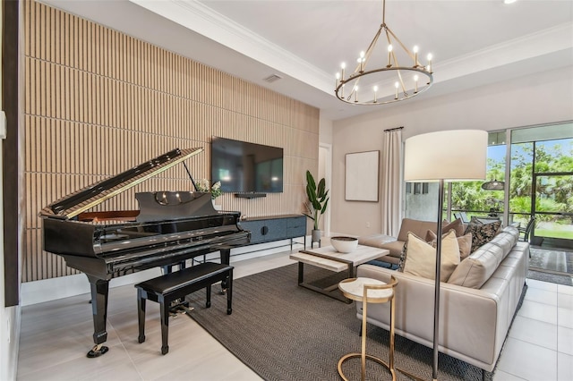 10036 Beachwalk Dr, Englewood, FL 34223 - tiled living room featuring ornamental molding and a chandelier