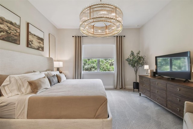 10036 Beachwalk Dr, Englewood, FL 34223 - bedroom with light carpet, a chandelier, and baseboards
