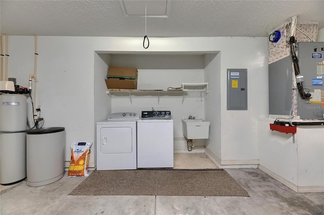 746 Masterpiece Dr, Sun City Center, FL 33573 - laundry room featuring washing machine and dryer, electric panel, attic access, a textured ceiling, and heating unit