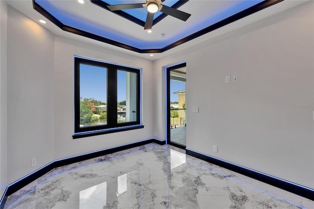 6520 Simone Shores Cir, Apollo Beach, FL 33572 - unfurnished room featuring marble tiled flooring, a tray ceiling, baseboards, a ceiling fan, and recessed lighting