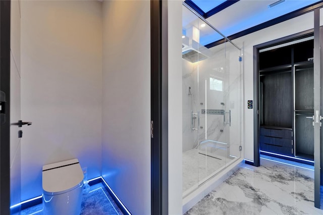 6520 Simone Shores Cir, Apollo Beach, FL 33572 - bathroom with toilet, a marble finish shower, marble finish floors, and baseboards
