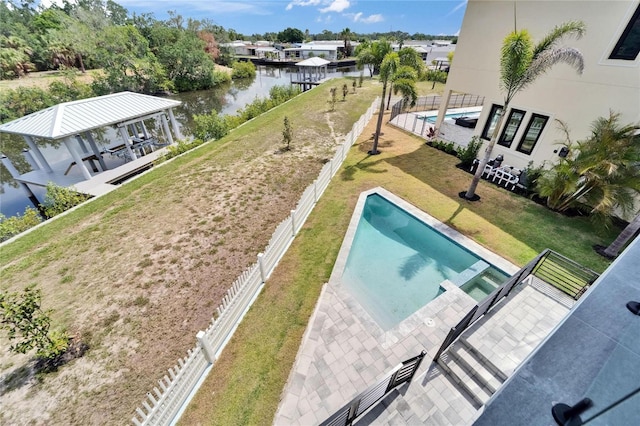 6520 Simone Shores Cir, Apollo Beach, FL 33572 - view of pool featuring a water view, boat lift, and a patio area