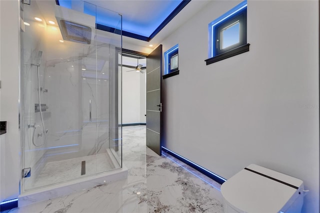 6520 Simone Shores Cir, Apollo Beach, FL 33572 - bathroom with a marble finish shower, toilet, marble tiled floors, and ceiling fan