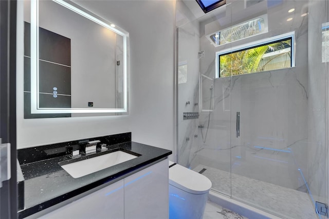 6520 Simone Shores Cir, Apollo Beach, FL 33572 - full bathroom featuring toilet, a marble finish shower, vanity, and marble look tiles