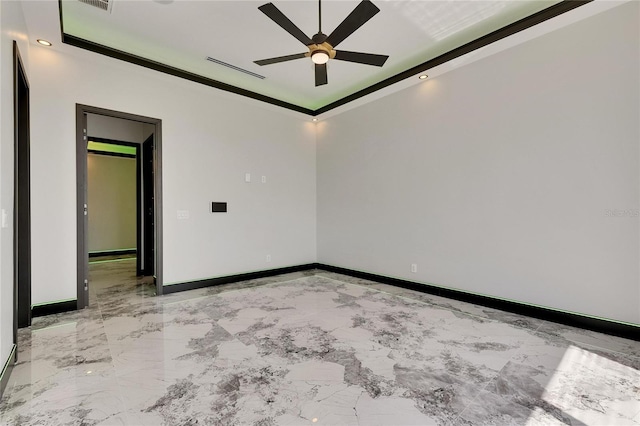 6526 Simone Shores Cir, Apollo Beach, FL 33572 - spare room featuring ceiling fan, baseboards, light marble finish flooring, crown molding, and recessed lighting
