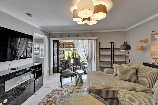 644 Yardarm Dr Unit 22, Apollo Beach, FL 33572 - living room with ornamental molding, a chandelier, baseboards, and light tile patterned floors