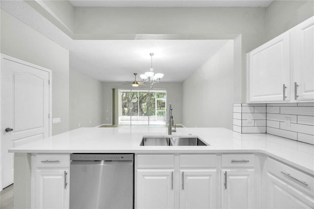 4910 Chatham Gate Drive Dr, Riverview, FL 33578 - kitchen featuring stainless steel dishwasher, a sink, a peninsula, light countertops, and white cabinets