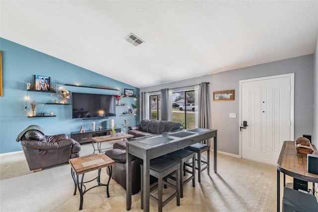 5540 Applegate Dr, Spring Hill, FL 34606 - living room with light colored carpet, lofted ceiling, a textured ceiling, and baseboards