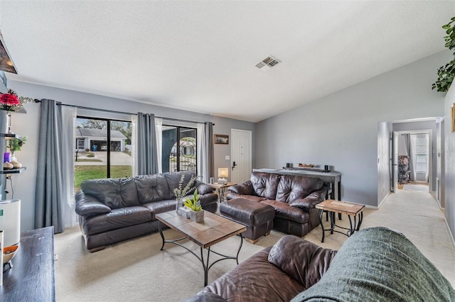 5540 Applegate Dr, Spring Hill, FL 34606 - living room featuring light carpet, vaulted ceiling, and a textured ceiling