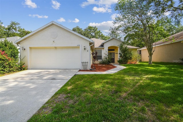 6918 Potomac Cir, Riverview, FL 33578 - ranch-style home featuring driveway, a garage, a front lawn, and stucco siding