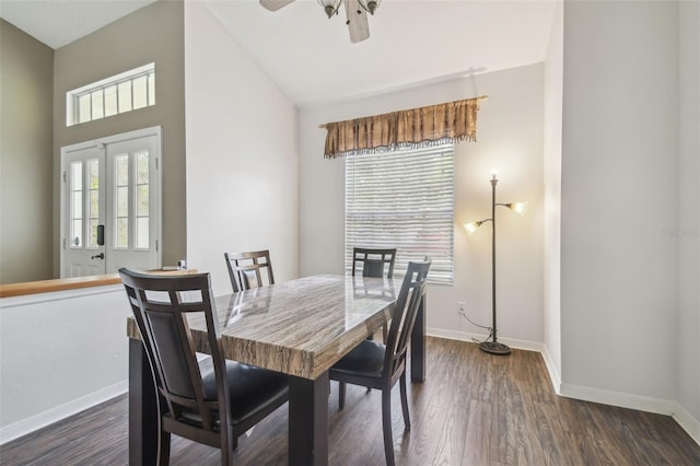 6918 Potomac Cir, Riverview, FL 33578 - dining space featuring baseboards, dark wood-style flooring, and high vaulted ceiling