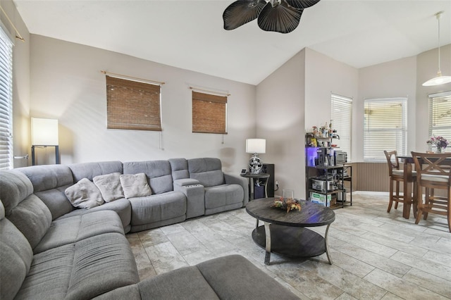 6918 Potomac Cir, Riverview, FL 33578 - living room featuring a ceiling fan, plenty of natural light, and vaulted ceiling