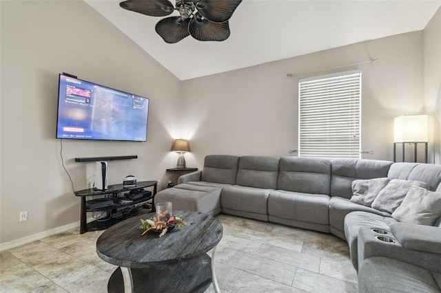 6918 Potomac Cir, Riverview, FL 33578 - living area with a ceiling fan, lofted ceiling, and baseboards