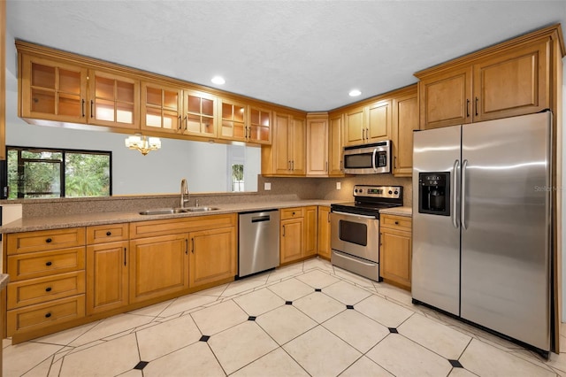 3041 Oak View Dr, Palm Harbor, FL 34684 - kitchen with appliances with stainless steel finishes, a sink, light countertops, a chandelier, and glass insert cabinets