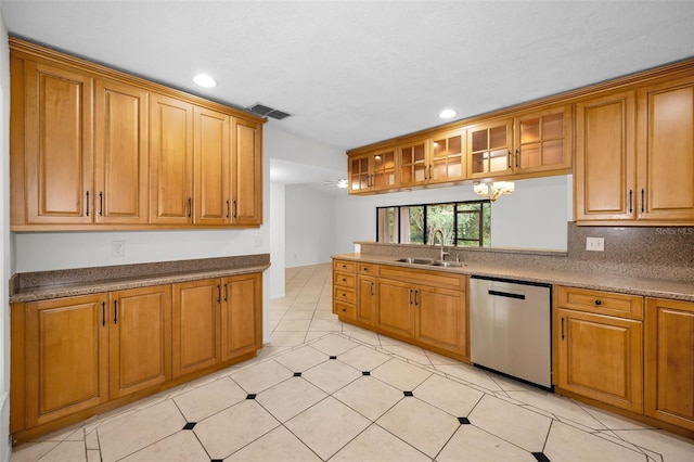 3041 Oak View Dr, Palm Harbor, FL 34684 - kitchen featuring dishwasher, a sink, brown cabinetry, recessed lighting, and glass insert cabinets