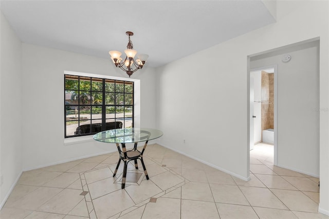 3041 Oak View Dr, Palm Harbor, FL 34684 - unfurnished dining area with a chandelier, light tile patterned floors, and baseboards