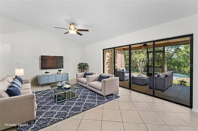 3041 Oak View Dr, Palm Harbor, FL 34684 - tiled living area featuring ceiling fan and lofted ceiling