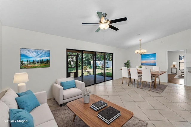 3041 Oak View Dr, Palm Harbor, FL 34684 - living room with lofted ceiling, light tile patterned floors, a chandelier, and ceiling fan