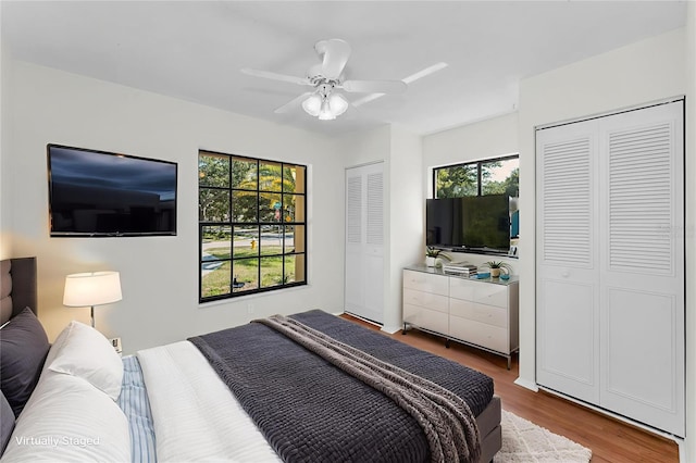 3041 Oak View Dr, Palm Harbor, FL 34684 - bedroom featuring two closets, multiple windows, wood finished floors, and ceiling fan