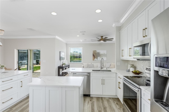 8518 Tidal Bay Ln, Tampa, FL 33635 - kitchen featuring stainless steel appliances, a sink, crown molding, a peninsula, and light wood finished floors