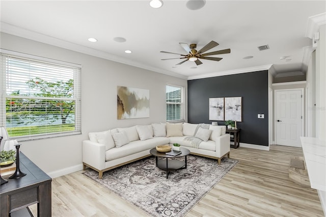 8518 Tidal Bay Ln, Tampa, FL 33635 - living area featuring baseboards, a ceiling fan, recessed lighting, light wood-style flooring, and ornamental molding