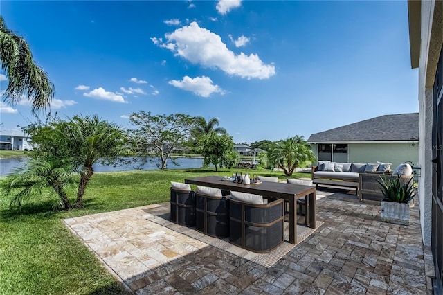 8518 Tidal Bay Ln, Tampa, FL 33635 - view of patio / terrace featuring an outdoor hangout area, a water view, and outdoor dining space