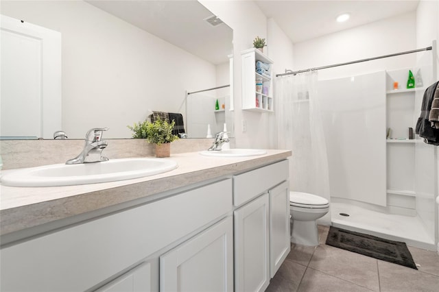 2925 Evergreen Elm Pass, Wesley Chapel, FL 33543 - full bathroom with double vanity, toilet, tile patterned flooring, and a shower with shower curtain