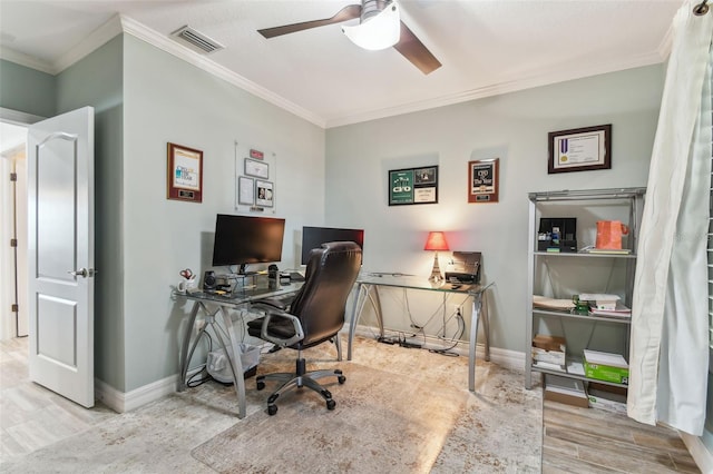 200 Skiff Pt Unit 202, Clearwater Beach, FL 33767 - office area with ceiling fan, crown molding, wood finished floors, and baseboards