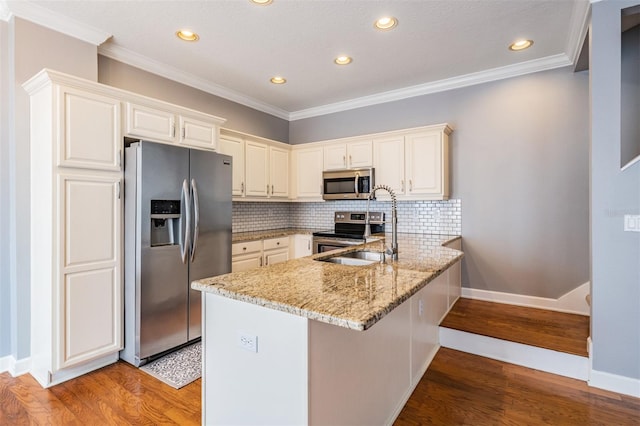 102 S Moody Ave Unit 1, Tampa, FL 33609 - kitchen with appliances with stainless steel finishes, a sink, wood finished floors, a peninsula, and light stone countertops